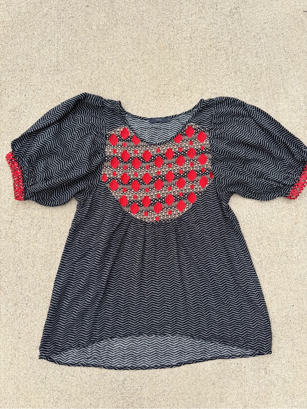 THML Black Chevron Blouse with Red Embroidered Yoke